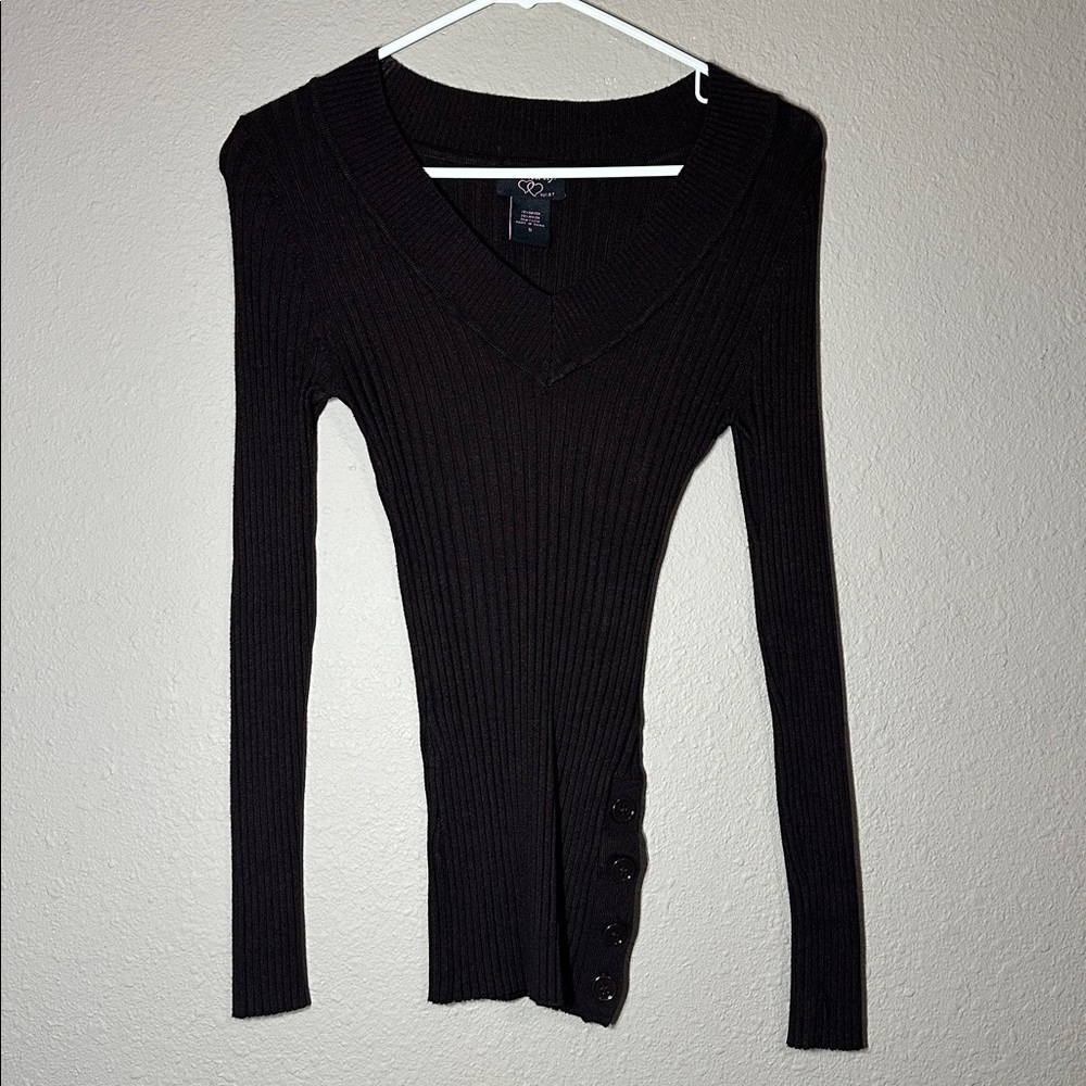 Brown Ribbed V-Neck Sweater with Button Detail